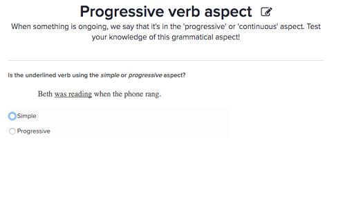 Progressive Verb Aspect practice Khan Academy