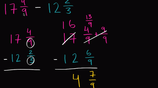 Subtracting Mixed Numbers With Regrouping (Unlike Denominators) (Video) | Khan Academy