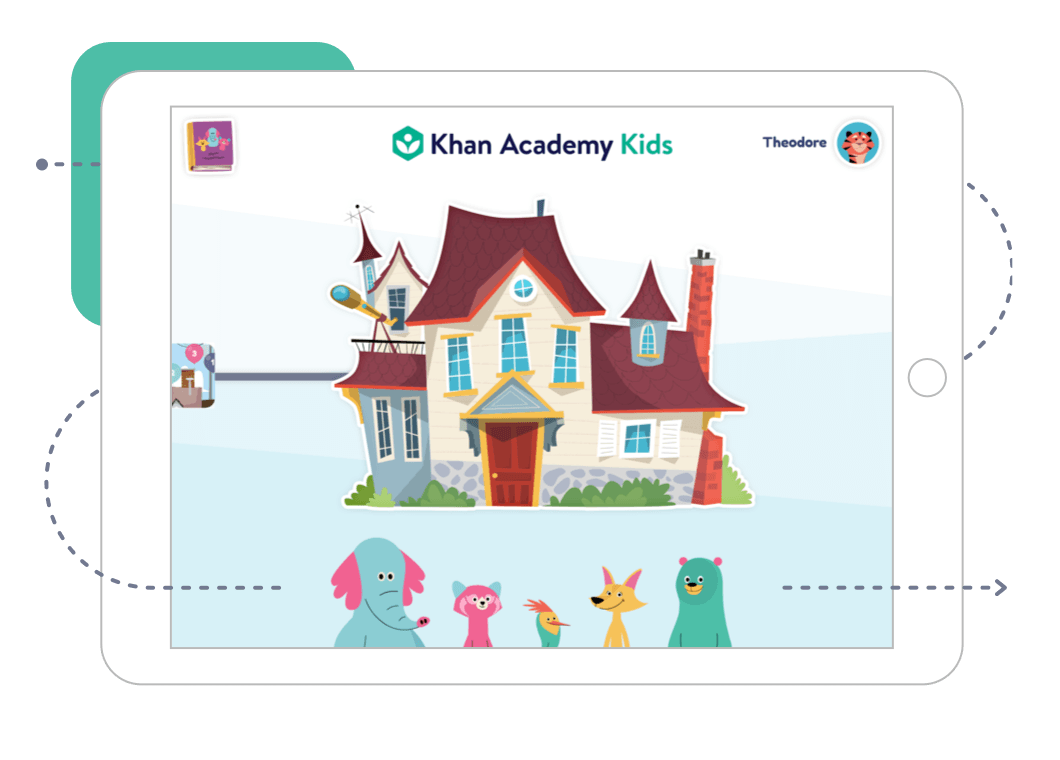 Illustratie van een tablet met daarop het Khan Academy Kids scherm