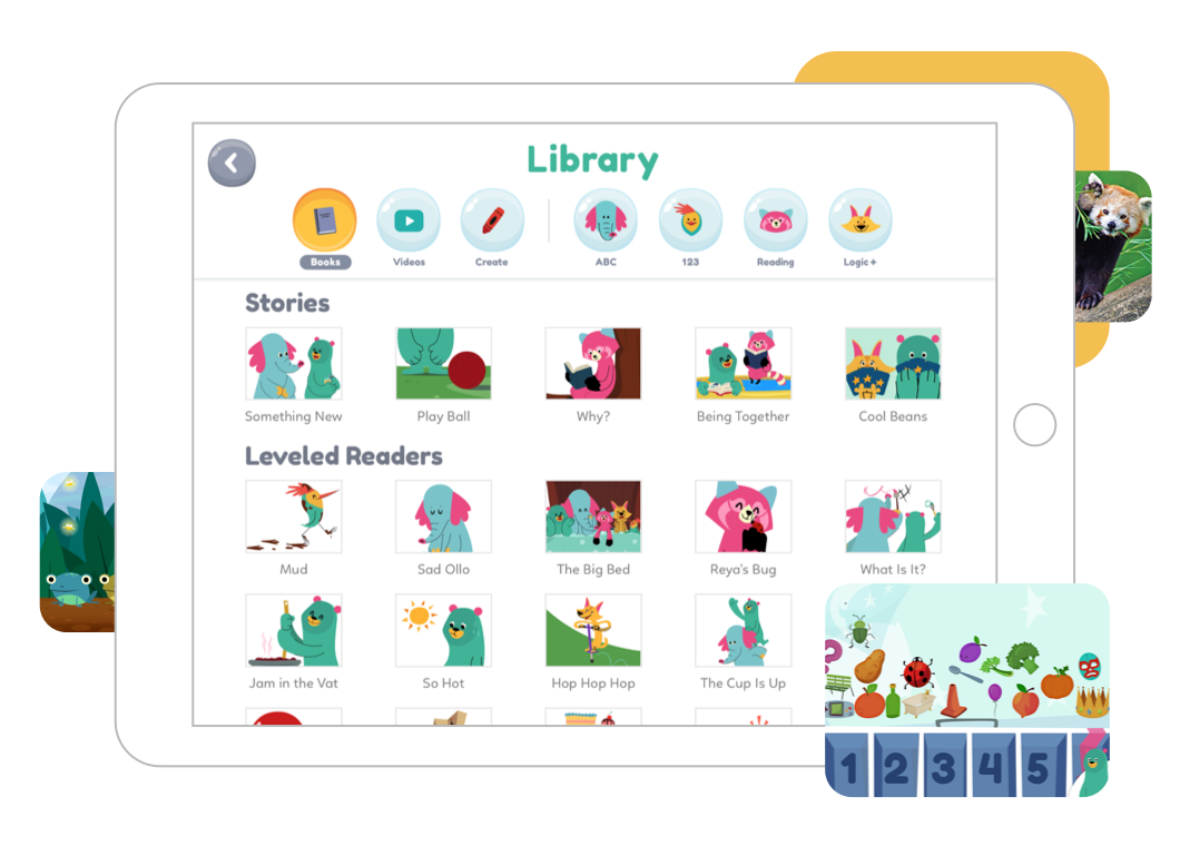 Illustration of a tablet showing the Khan Academy Kids library screen