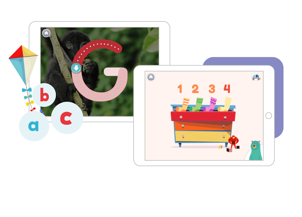 Ilustrasi 2 tablet yang masing-masing menampilkan contoh latihan di aplikasi Khan Academy Kids