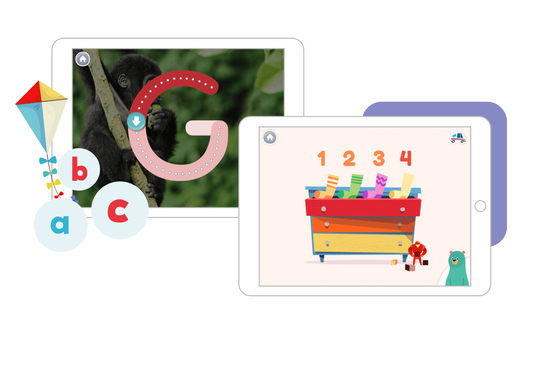 Billede af to tablets, der hver viser et eksempel på en opgave fra Khan Academy Kids app'en.