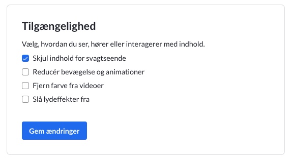 Khan Academys tilgængelighedsindstillinger `Skjul indhold for svagtseende` er valgt.