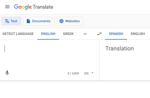 Uma captura de tela de uma tela de entrada do Google Tradutor de inglês para espanhol