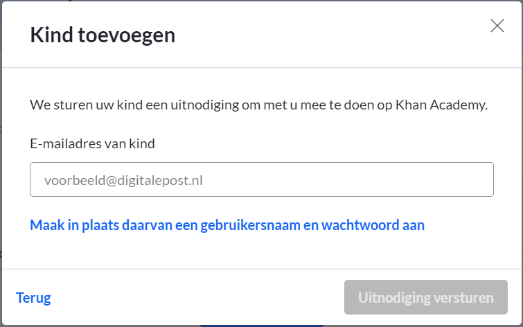 Pop-up om een uitnodigingsmail naar je kind te versturen.