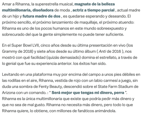 Uma captura de tela de três parágrafos de texto preto, escrito em espanhol, sobre Rihanna. Várias palavras ao longo do texto estão em negrito e azul-petróleo