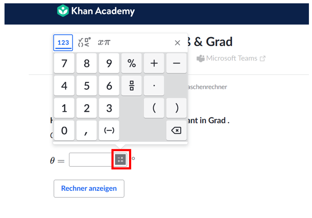 Screenshot einer Khan Academy Mathematik-Aufgabe mit einem roten Kasten um den Button, der die Mathematik-Tastatur öffnet