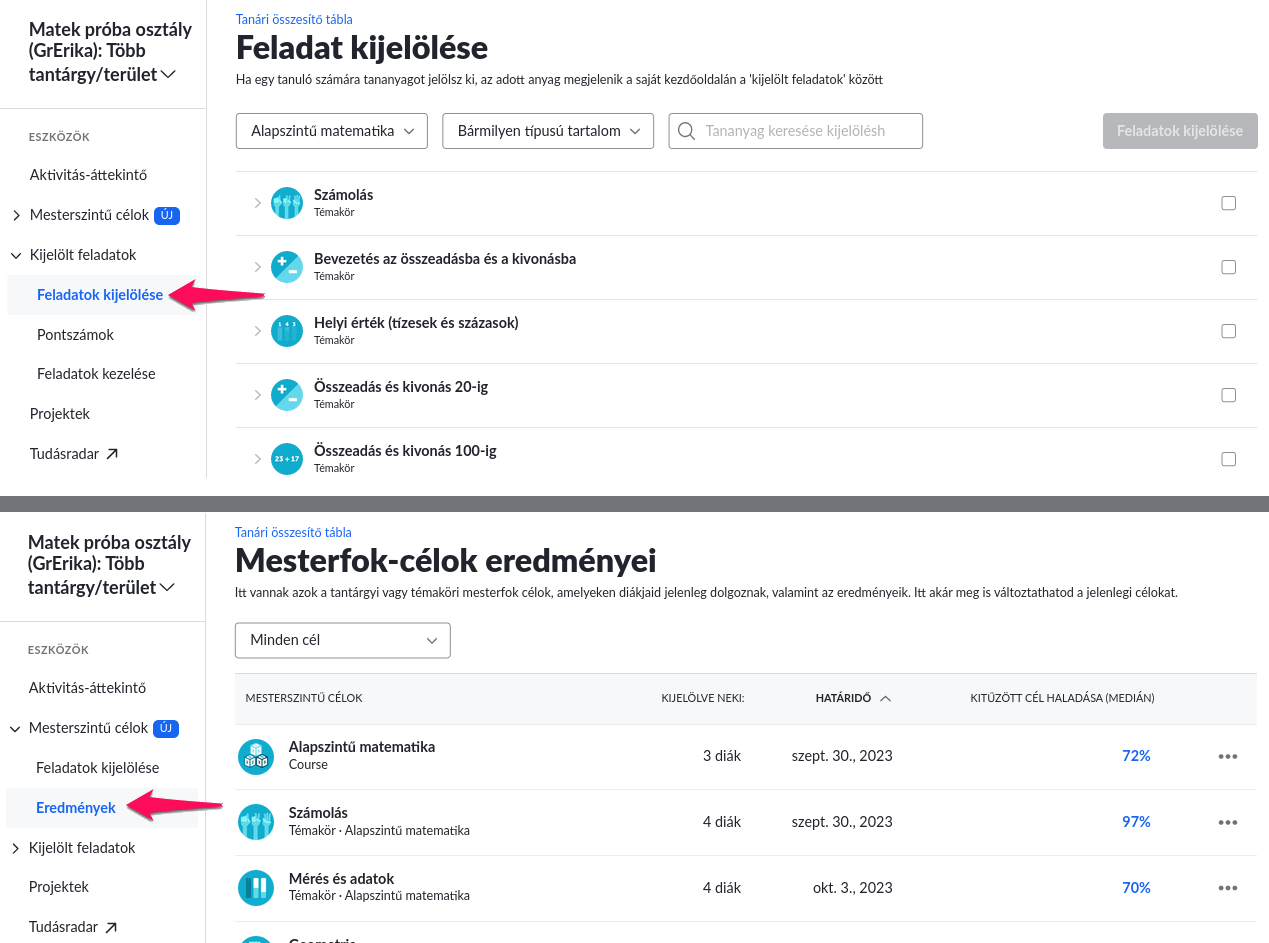 Feladatok kijelölése és Mesterfok-célok eredményei