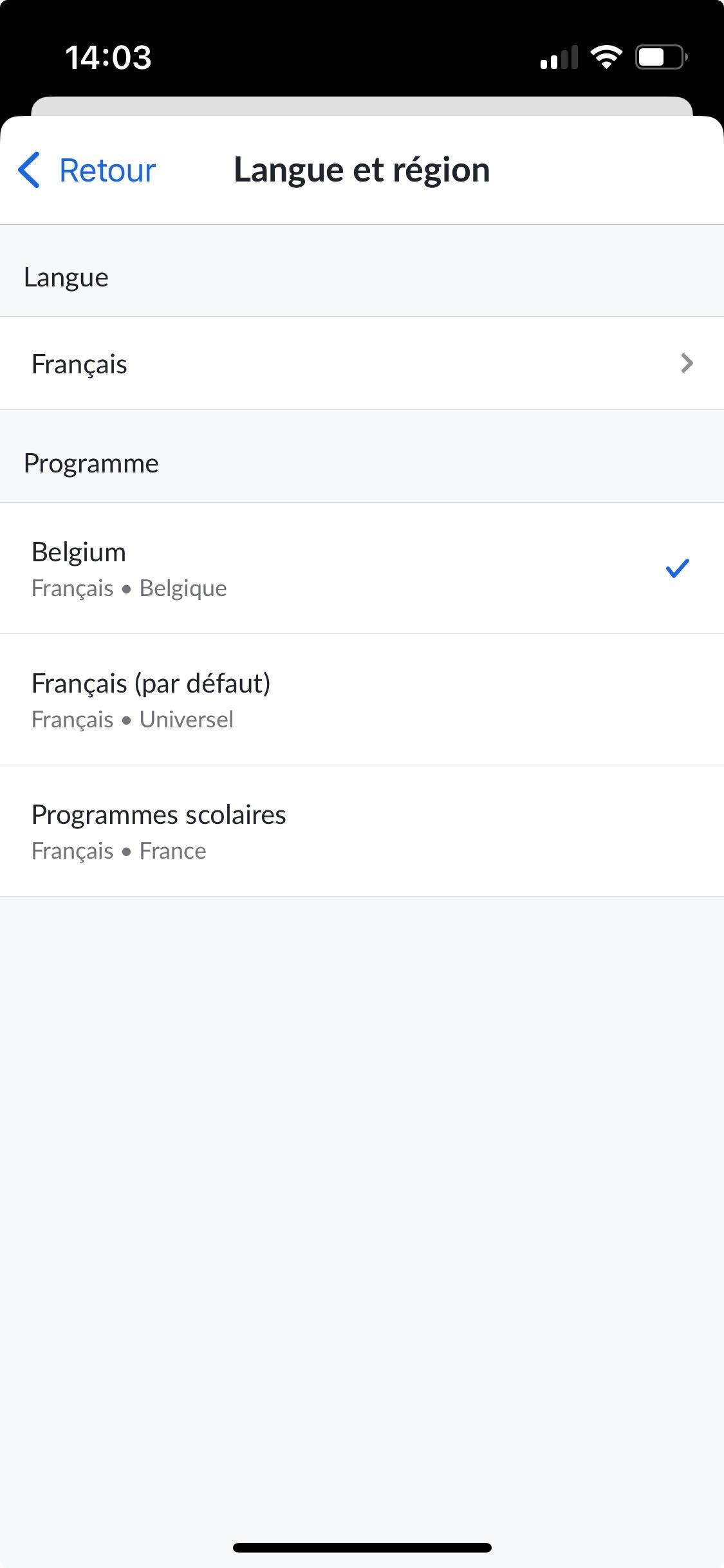 paramètres langues et région