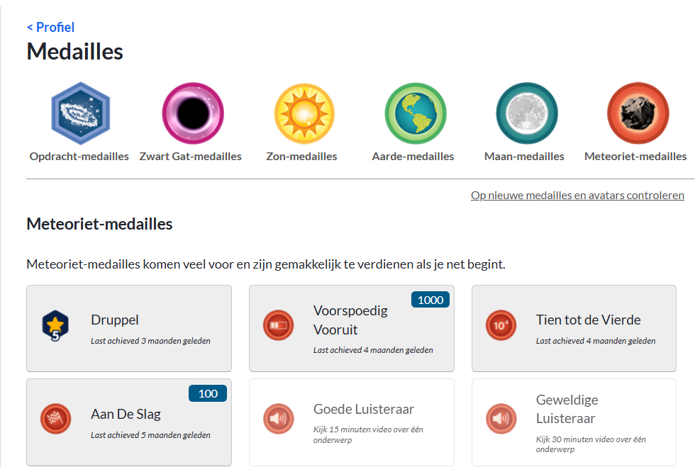 Schermafbeelding types medailles en behaalde medailles