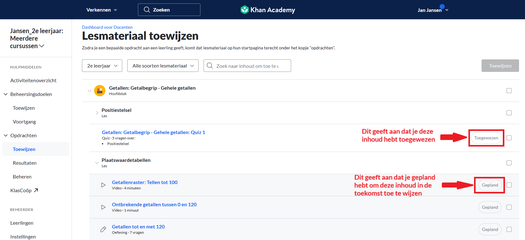 Screenshot indicatoren toegewezen en geplande opdrachten