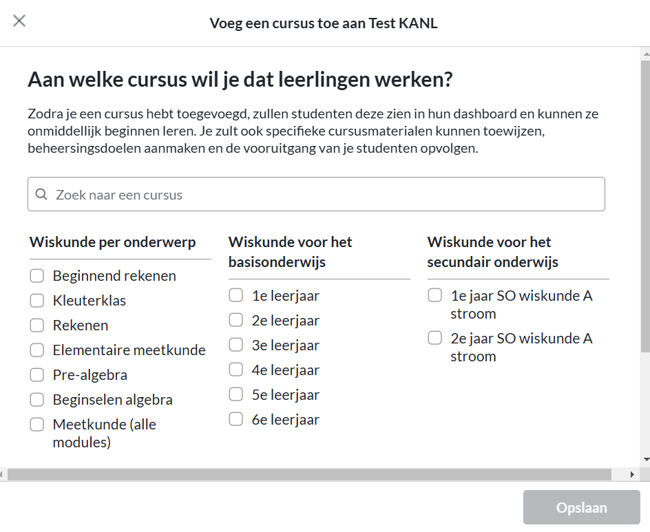 Schermafbeelding keuzemenu cursussen