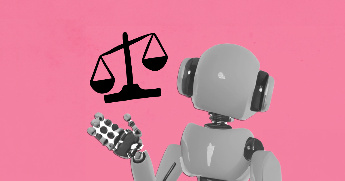 Um robô ao lado de uma balança da justiça