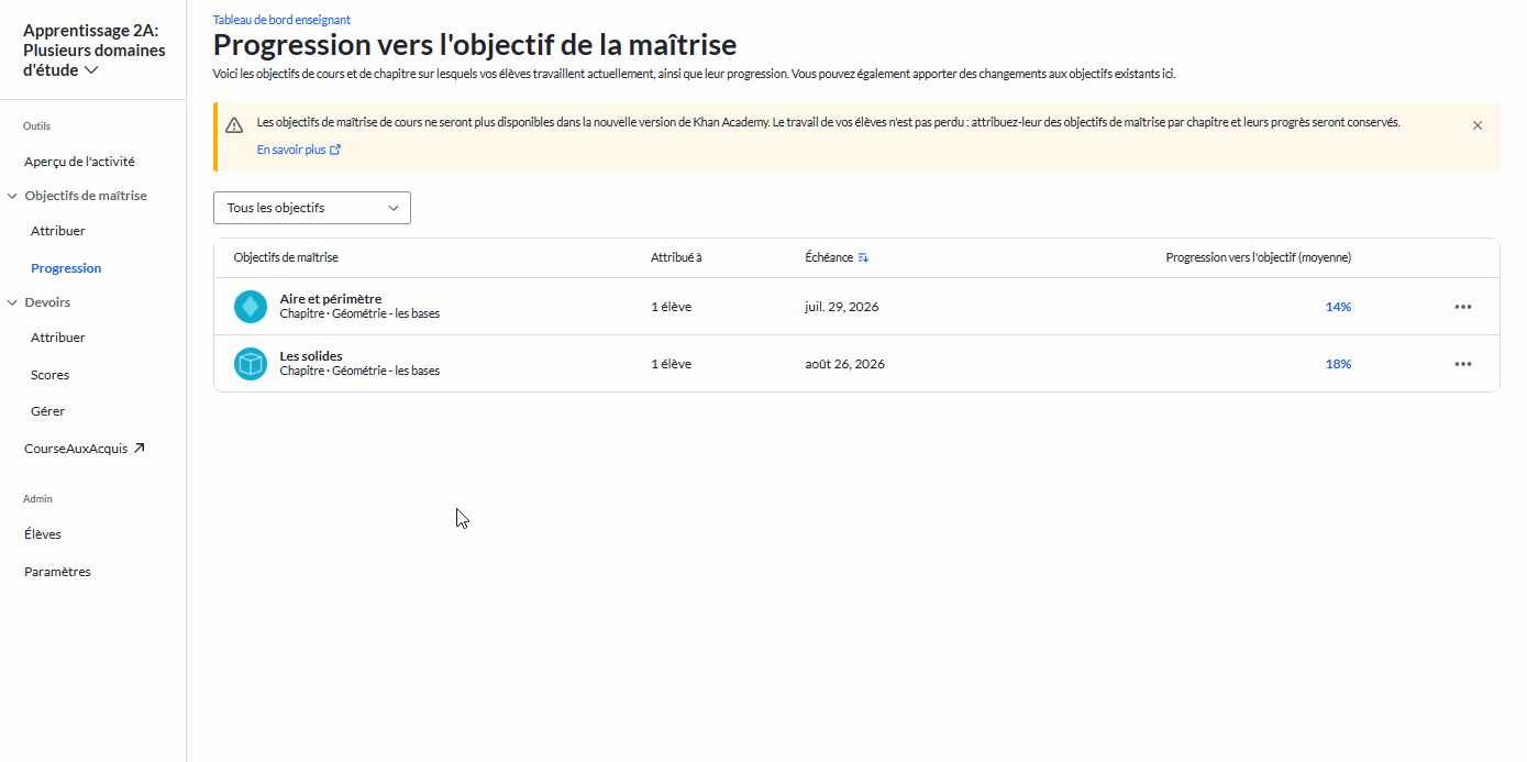 progression élève vs. objectif maîtrise