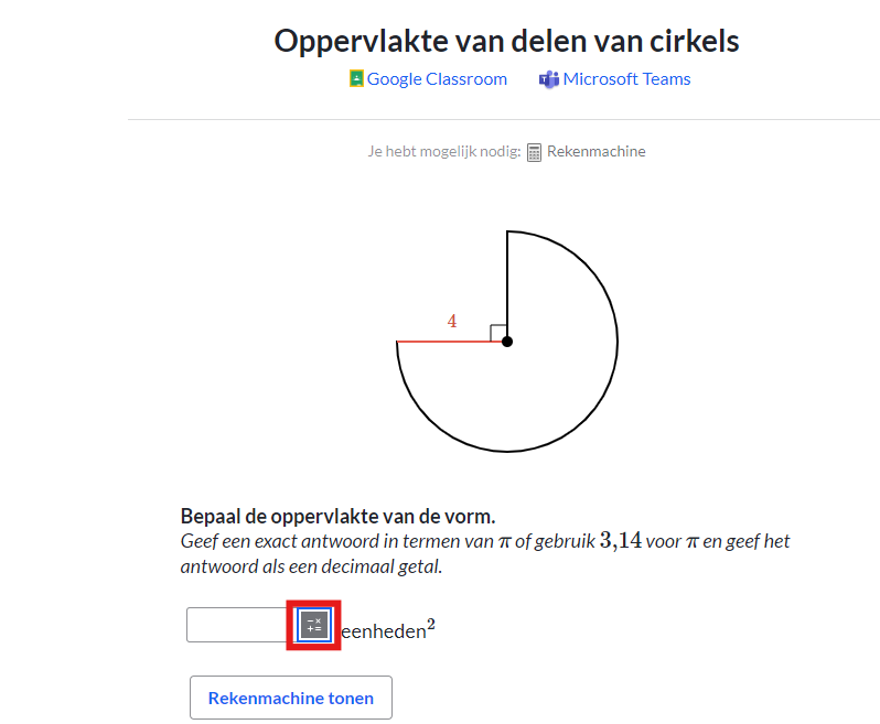 schermafbeelding van een khan academy wiskundeoefening met een rood kader rond de knop die het wiskundetoetsenbord opent