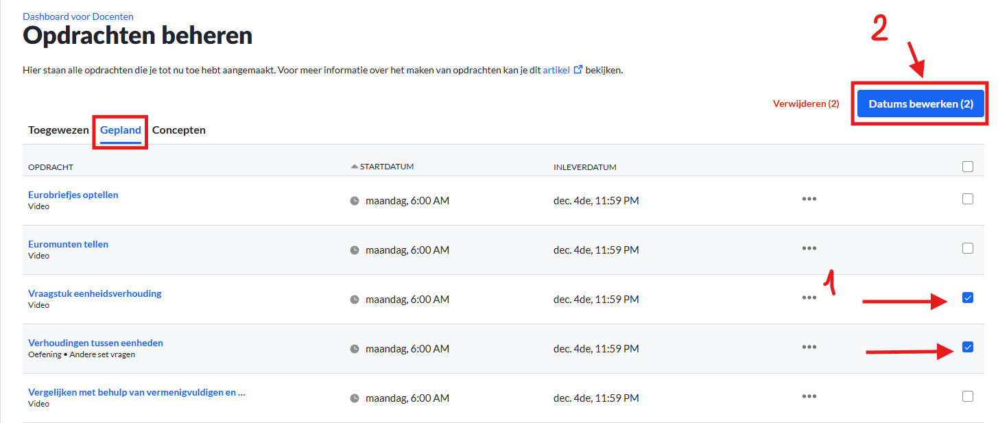 Screenshot Datums bewerken keuzevakjes