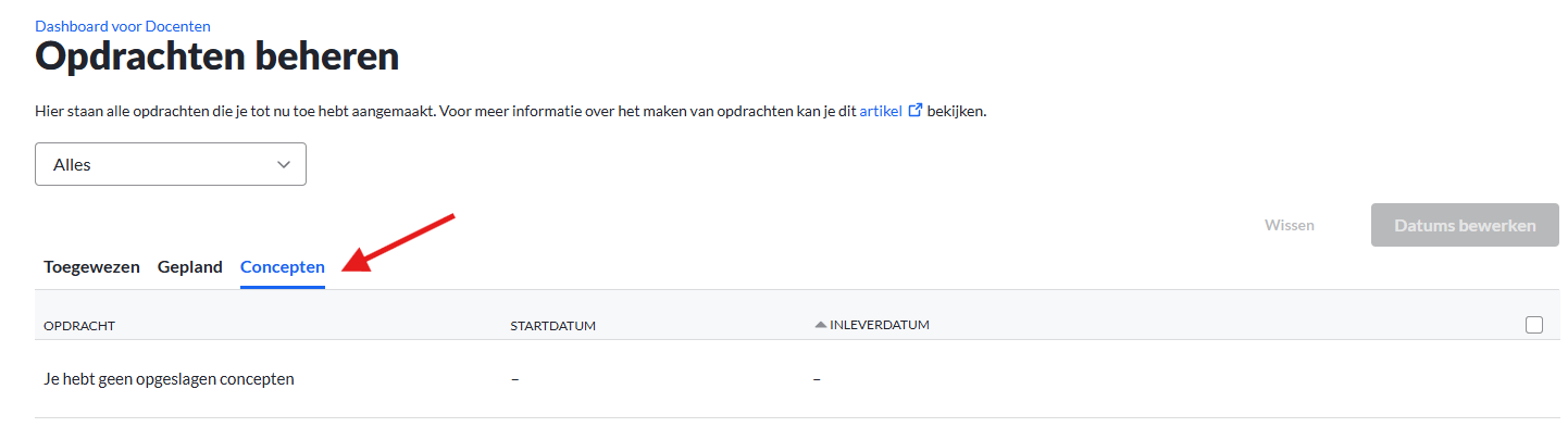 Screenshot tabblad Opdrachten beheren - concepten