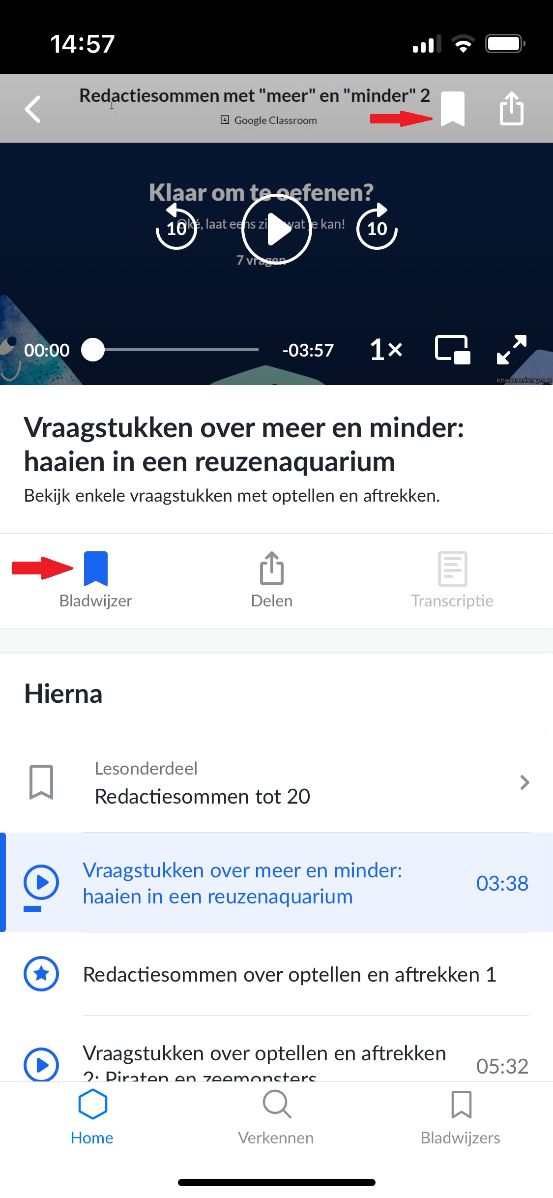 Schermafbeelding Khan Academy iOS app bladwijzer