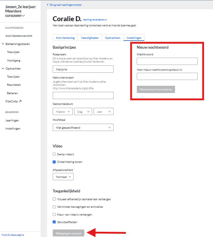 Schermafbeelding leerling instellingen opslaan
