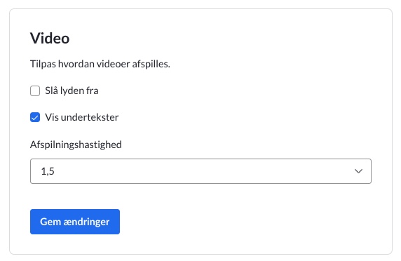 Video indstillinger med 'Vis undertekster' valgt og afspilningshastighed er sat til 1,5.