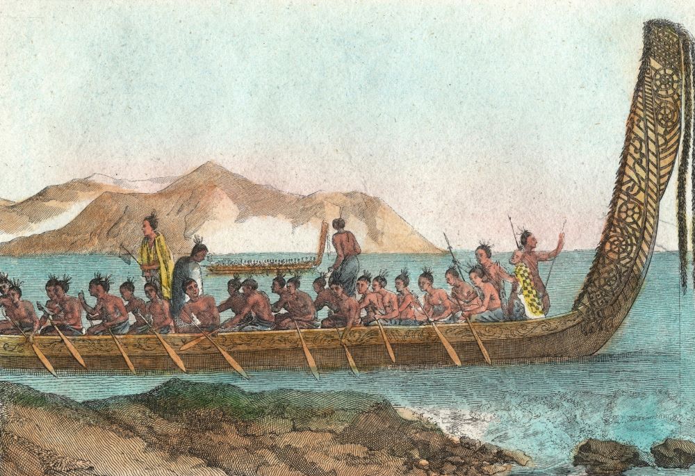 A painting of a carved, wooden canoe with a large, ornate head or tailboard and a large crew of paddlers.