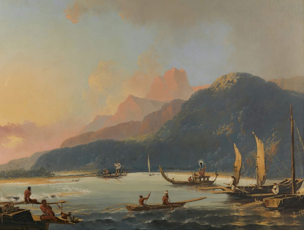 A painting of Melanesian sailboats and row boats in a calm harbor with mountains in the background.