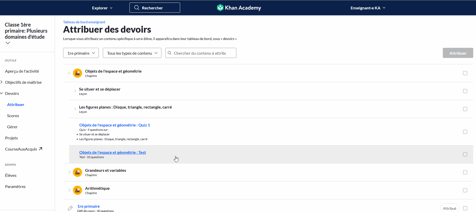 Rechercher un contenu dans option attribuer devoirs