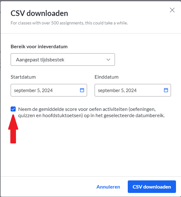 Screenshot download CSV met gemiddeld resultaat bij