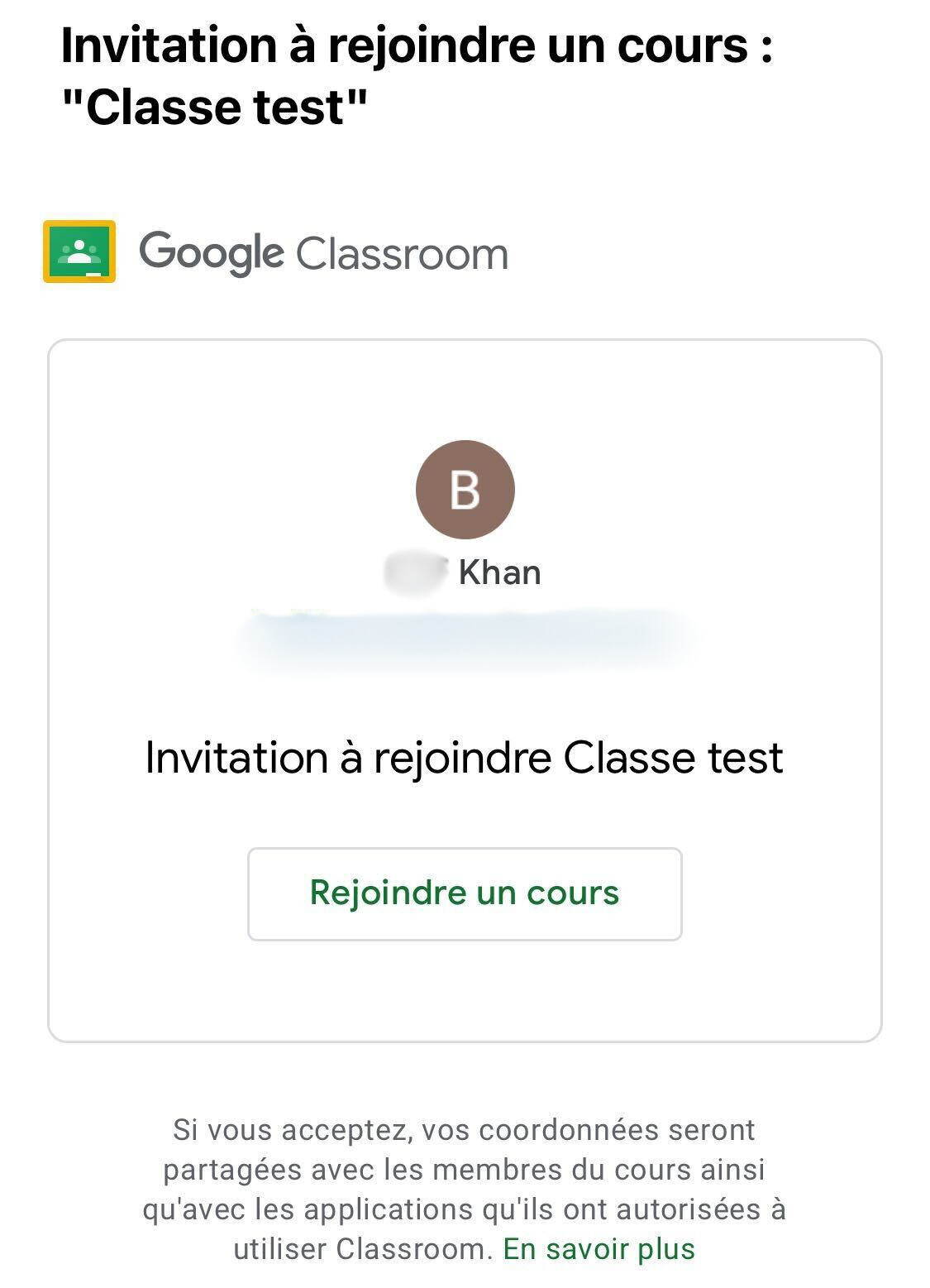 Invitation à rejoindre la classe via Google Classroom