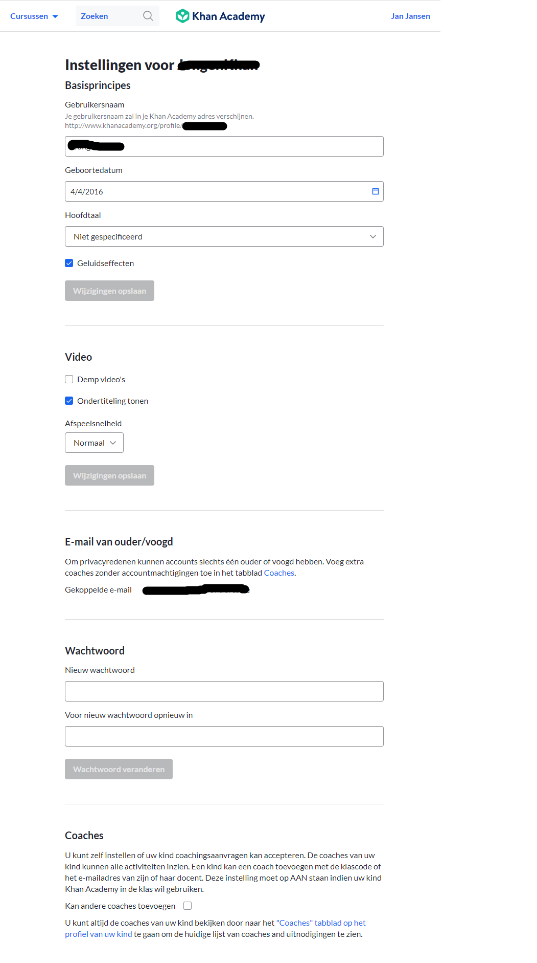 Instellingen van kinderen via ouderaccount