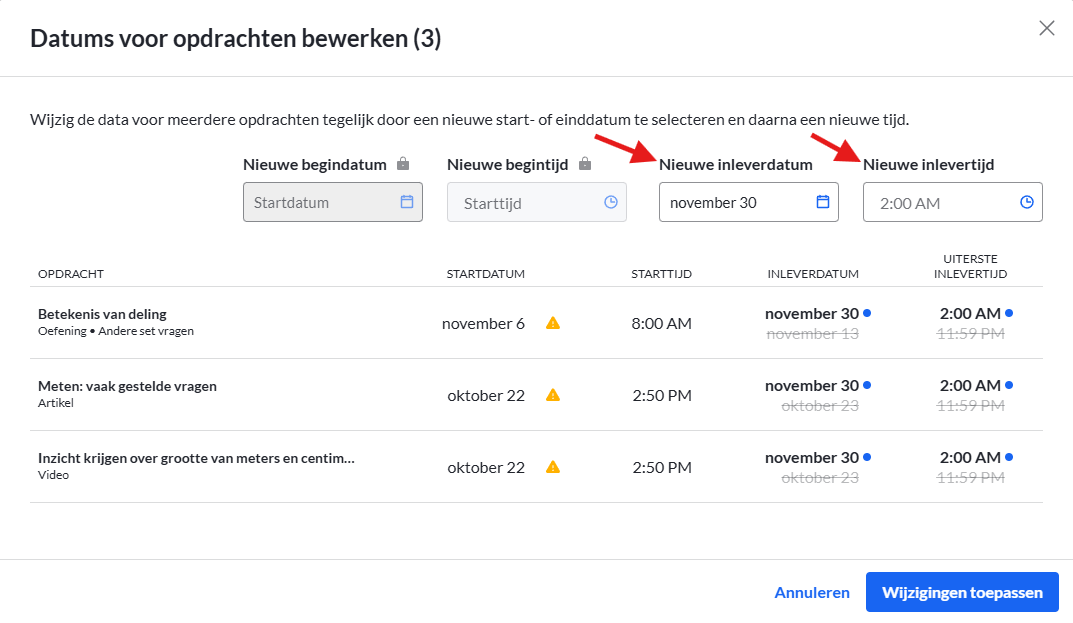 Screenshot Nieuwe inleverdatum en -tijd voor opdrachten