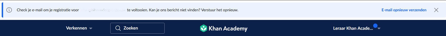 schermafbeelding met balk om registratie te bevestigen via email