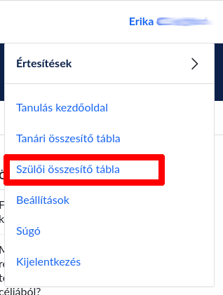 Képernyőkép - Szülői összesítő tábla megnyitása