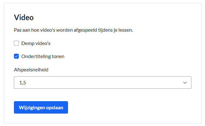 schermafbeelding van video-instellingen met 'ondertiteling tonen' aangevinkt