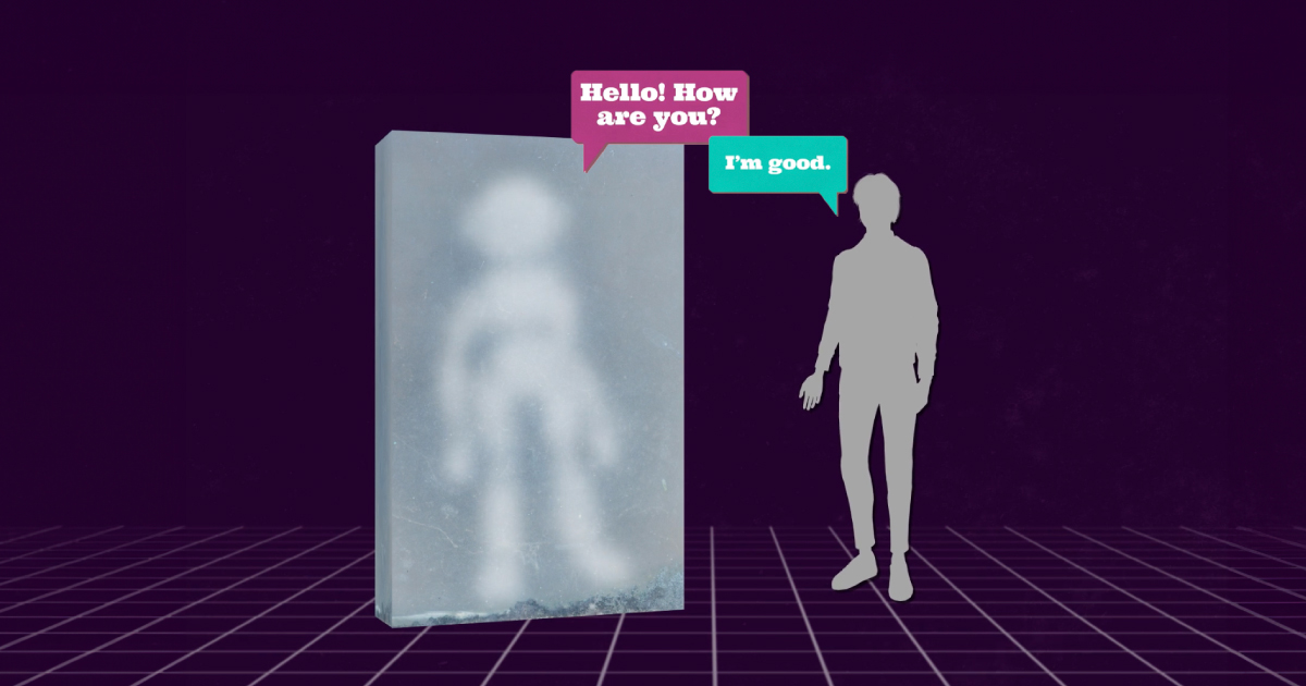 A silhueta de uma pessoa atrás de uma tela à esquerda e não obscurecida à esquerda. A que está atrás da tela diz "Olá! Como vai você?" e a que não está obscurecida diz "Estou bem."