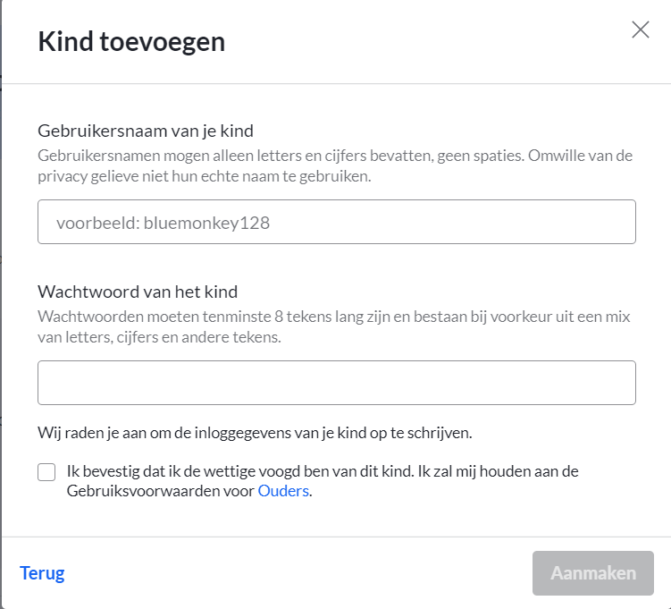 Pop-up om de gebruikersnaam en het wachtwoord van je kind in te geven.