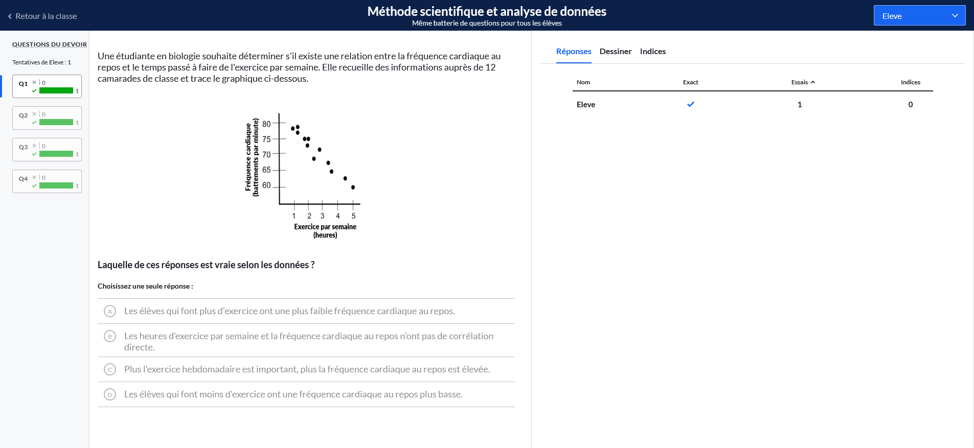 Les réponses de l'élève à l'exercice apparaissent en cliquant sur la note dans le rapport de scores des devoirs