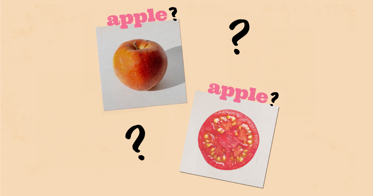 Uma maçã rotulada como "maçã" e um tomate rotulado como "maçã", com pontos de interrogação flutuando ao redor deles.