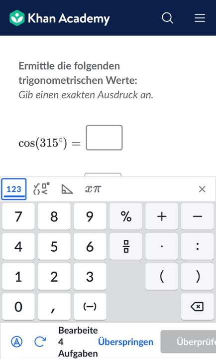 screenshot of a mobile khan academy math exercise. focus is on an input and the math keypad is open