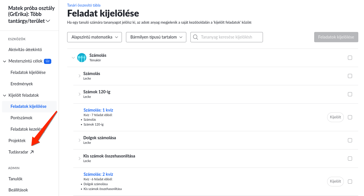 Tudásradar a Tanári összesítő táblán