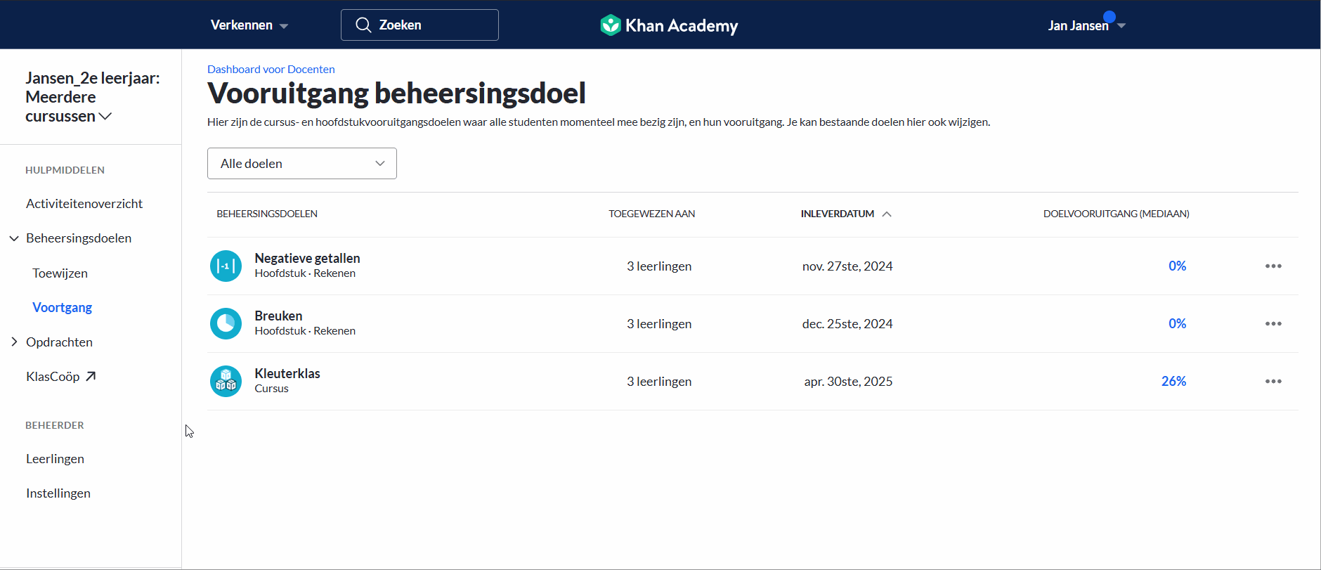 Animatie selecteren van voortgang cursus- of hoofdstukbeheersingsdoel