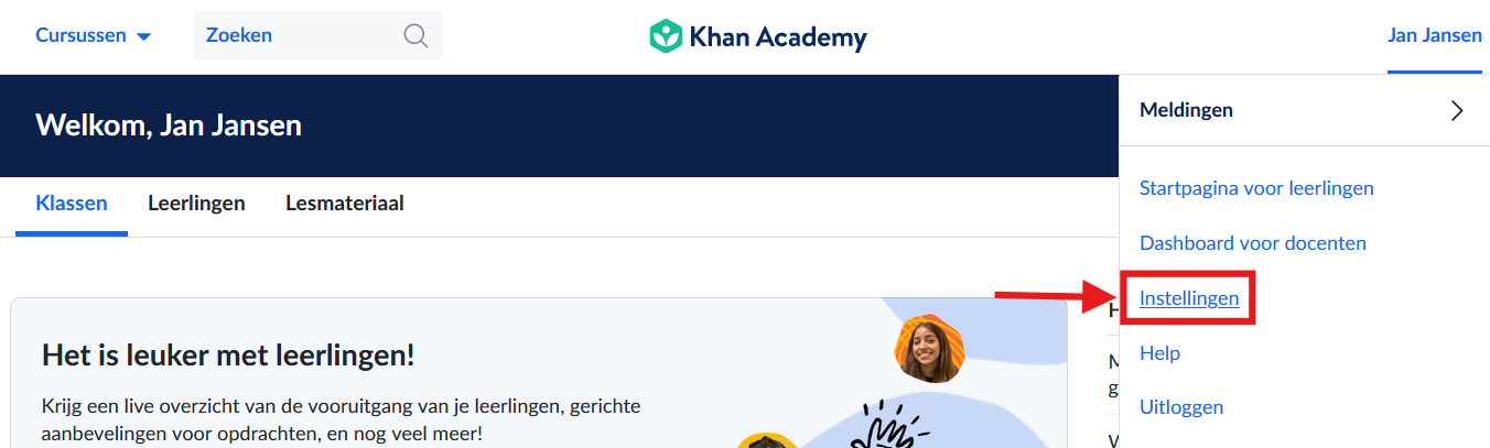 Instellingen in uitklapmenu