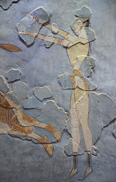 Bull-leaping fresco (detail) from the east wing of the palace of Knossos (reconstructed), c. 1400 B.C.E., fresco, 78 cm high (Archaeological Museum of Heraklion, photo: Carole Raddato, CC BY-SA 2.0)