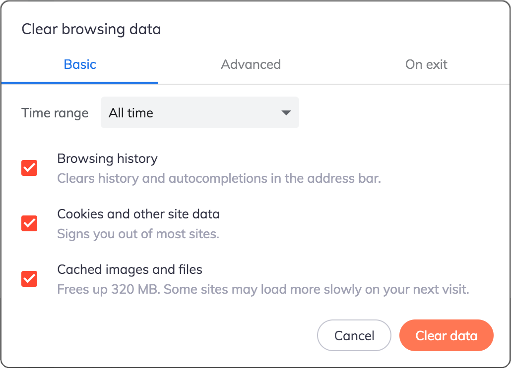 Screenshot of Brave interface for clearing browsing data. Shows a dropdown for "Time range" that has "All time" selected, three checked checkboxes for "Browsing history", "Cookies and other site data", "Cached images and files", and two buttons that say "Cancel" and "Clear data".