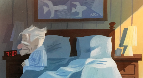 Illustration of a scene from Pixar's film "Up" where an unhappy old man is shown on the darkened side of a bed while sunlight streams onto the other side of the bed.