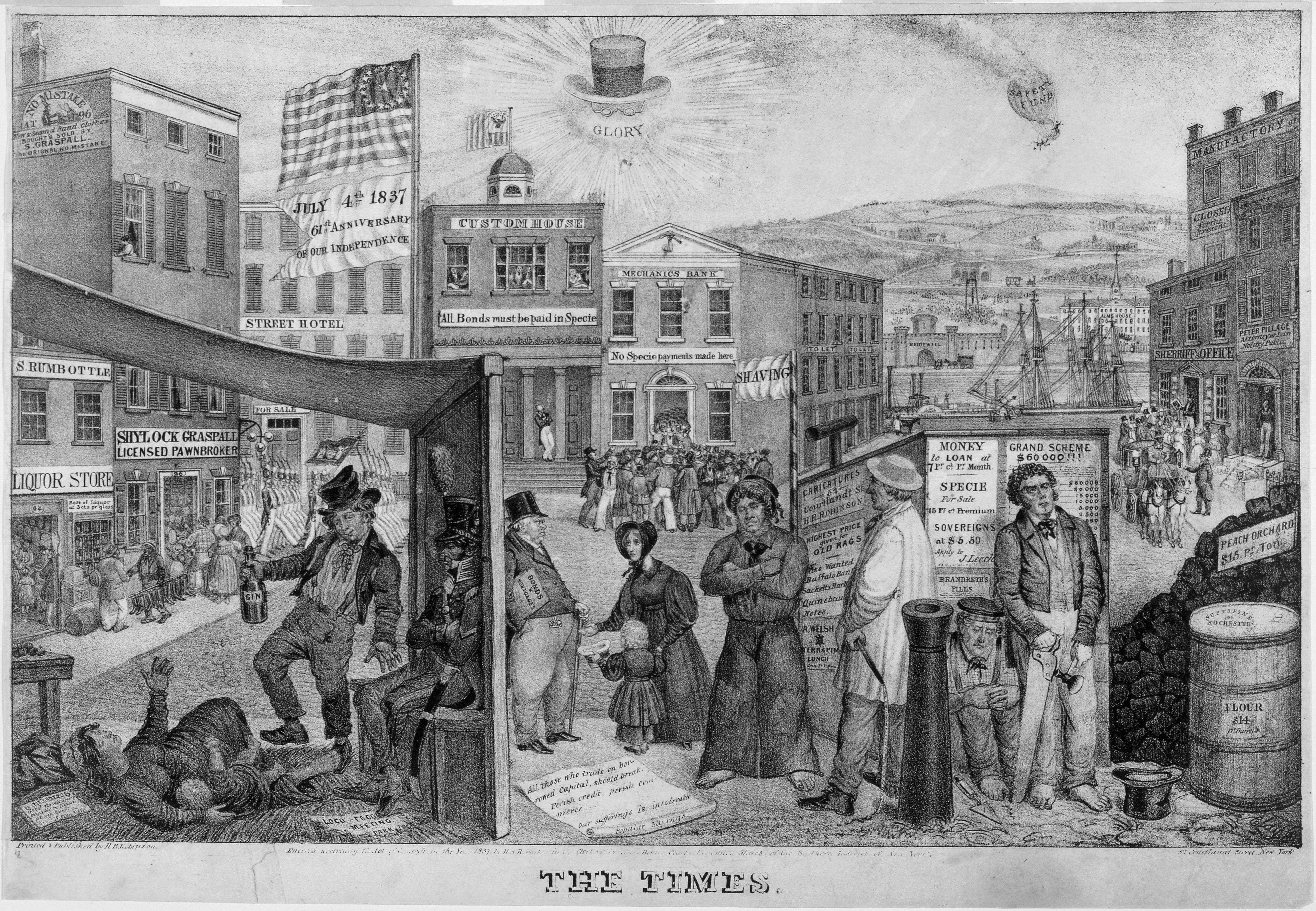 Print showing a street scene, with the American flag flying over unemployed young men, drunkards, families begging, and pawn shops. 