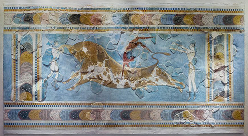 Bull-leaping fresco from the east wing of the palace of Knossos (reconstructed), c. 1400 B.C.E., fresco, 78 cm high (Archaeological Museum of Heraklion, photo: Jebulon, CC0)