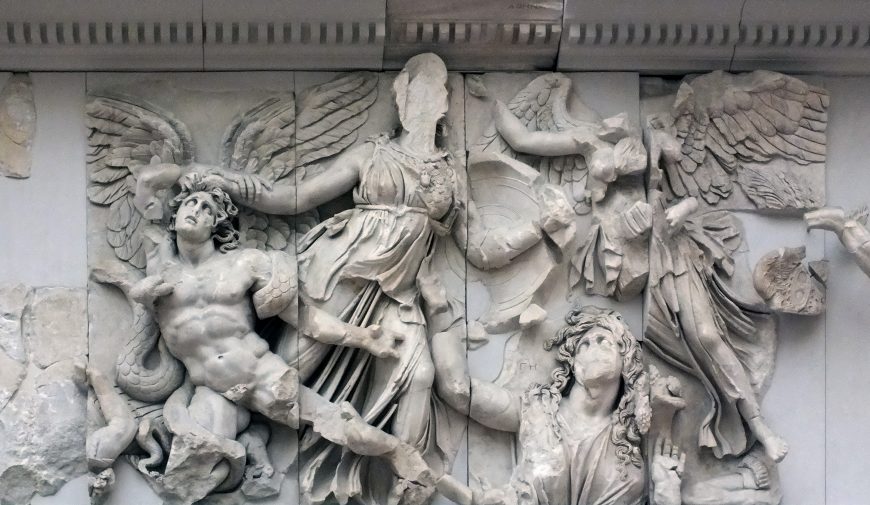 Marble building front illustrating Athena defeating Alkyoneus