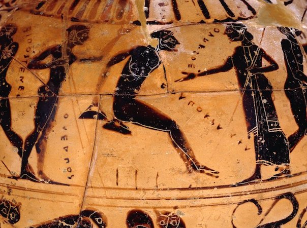 Black-figured 'Tyrrhenian' amphora showing athletes and a combat scene, Greek, but made for the Etruscan market, 540 BC, 42.15 cm, found near Rome © Trustees of the British Museum 