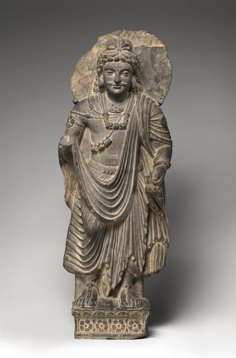 Standing Bodhisattva Maitreya (Buddha of the Future), c. 3rd century, Pakistan (ancient region of Gandhara), schist, H. 31 3/4 in. (80.7 cm) (The Metropolitan Museum of Art, image: public domain).